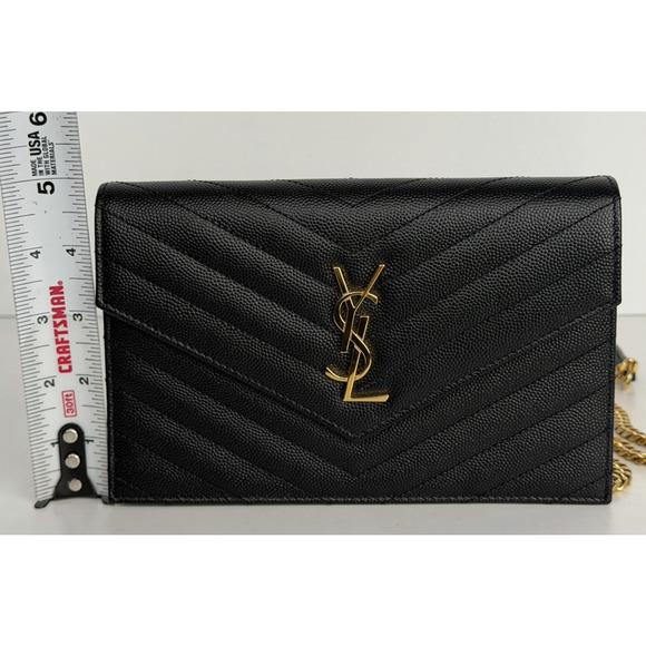 Saint Laurent Monogram Chain Wallet Bag Small Black Chevron Grained Leather - Picture 9 of 16